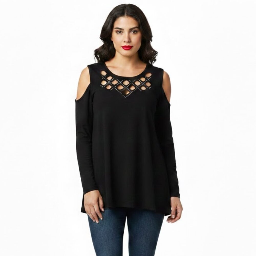 Rhinestone Black Cold Shoulder Top